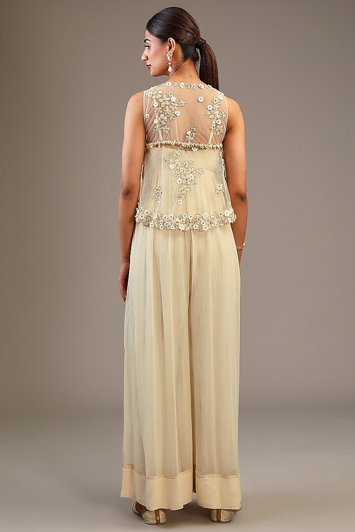 Off-WHite Chiffon & Tulle Aari Hand Embroidered Jumpsuit With Jacket by Taavare at Pernia's Pop Up Shop