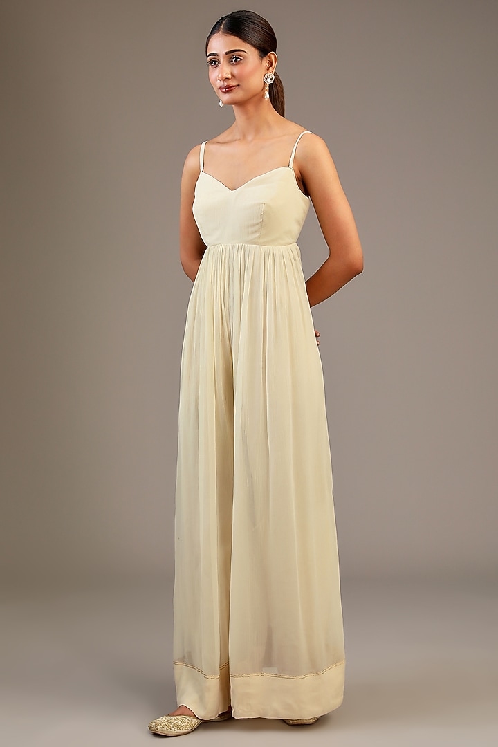 Off-WHite Chiffon & Tulle Aari Hand Embroidered Jumpsuit With Jacket by Taavare at Pernia's Pop Up Shop