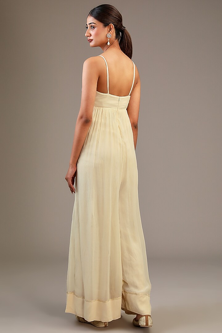 Off-WHite Chiffon & Tulle Aari Hand Embroidered Jumpsuit With Jacket by Taavare at Pernia's Pop Up Shop