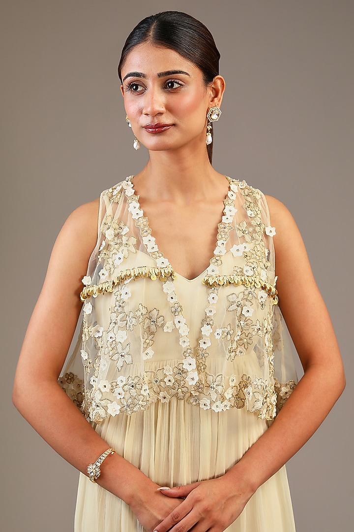 Off-WHite Chiffon & Tulle Aari Hand Embroidered Jumpsuit With Jacket by Taavare at Pernia's Pop Up Shop