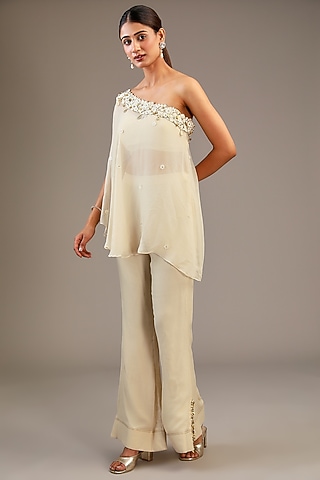 Off-White Chiffon Aari Hand Embroidered One-Shoulder Kaftan Set by Taavare