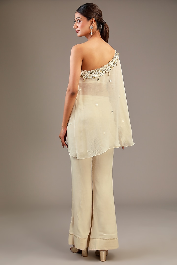 Off-White Chiffon Aari Hand Embroidered One-Shoulder Kaftan Set by Taavare at Pernia's Pop Up Shop