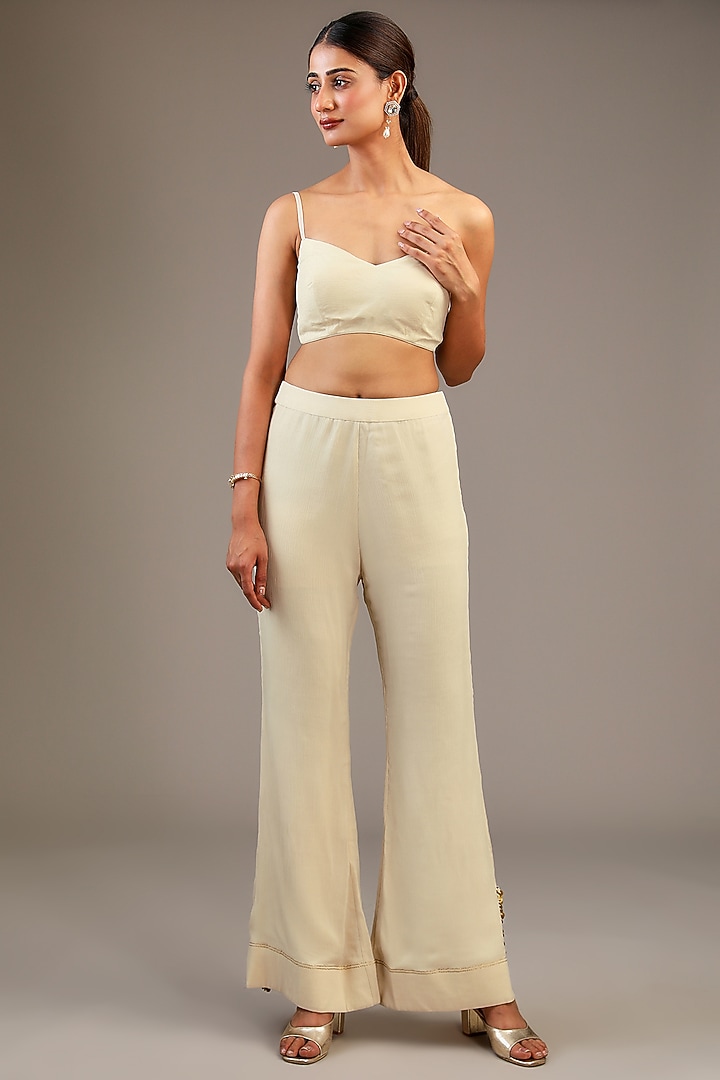 Off-White Chiffon Aari Hand Embroidered One-Shoulder Kaftan Set by Taavare at Pernia's Pop Up Shop
