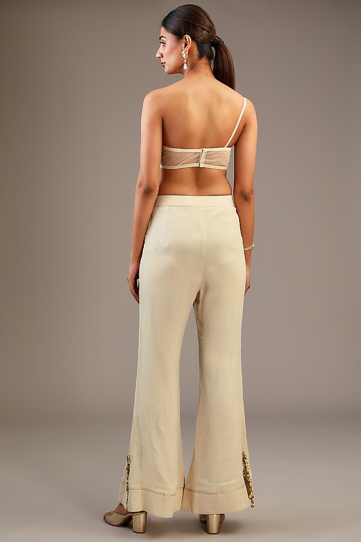 Off-White Chiffon Aari Hand Embroidered One-Shoulder Kaftan Set by Taavare at Pernia's Pop Up Shop