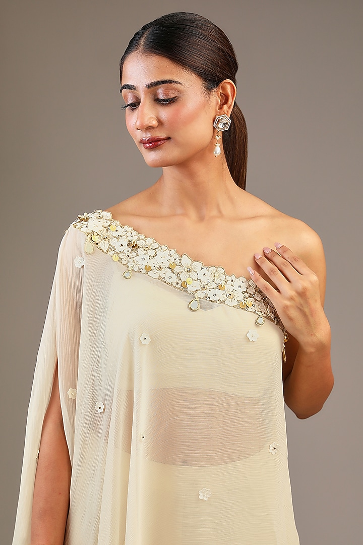 Off-White Chiffon Aari Hand Embroidered One-Shoulder Kaftan Set by Taavare at Pernia's Pop Up Shop