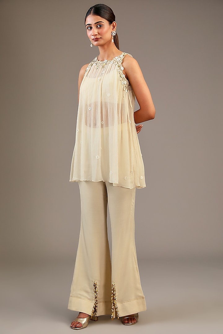 Off-White Chiffon Aari Hand Embroidered Tunic Set by Taavare at Pernia's Pop Up Shop