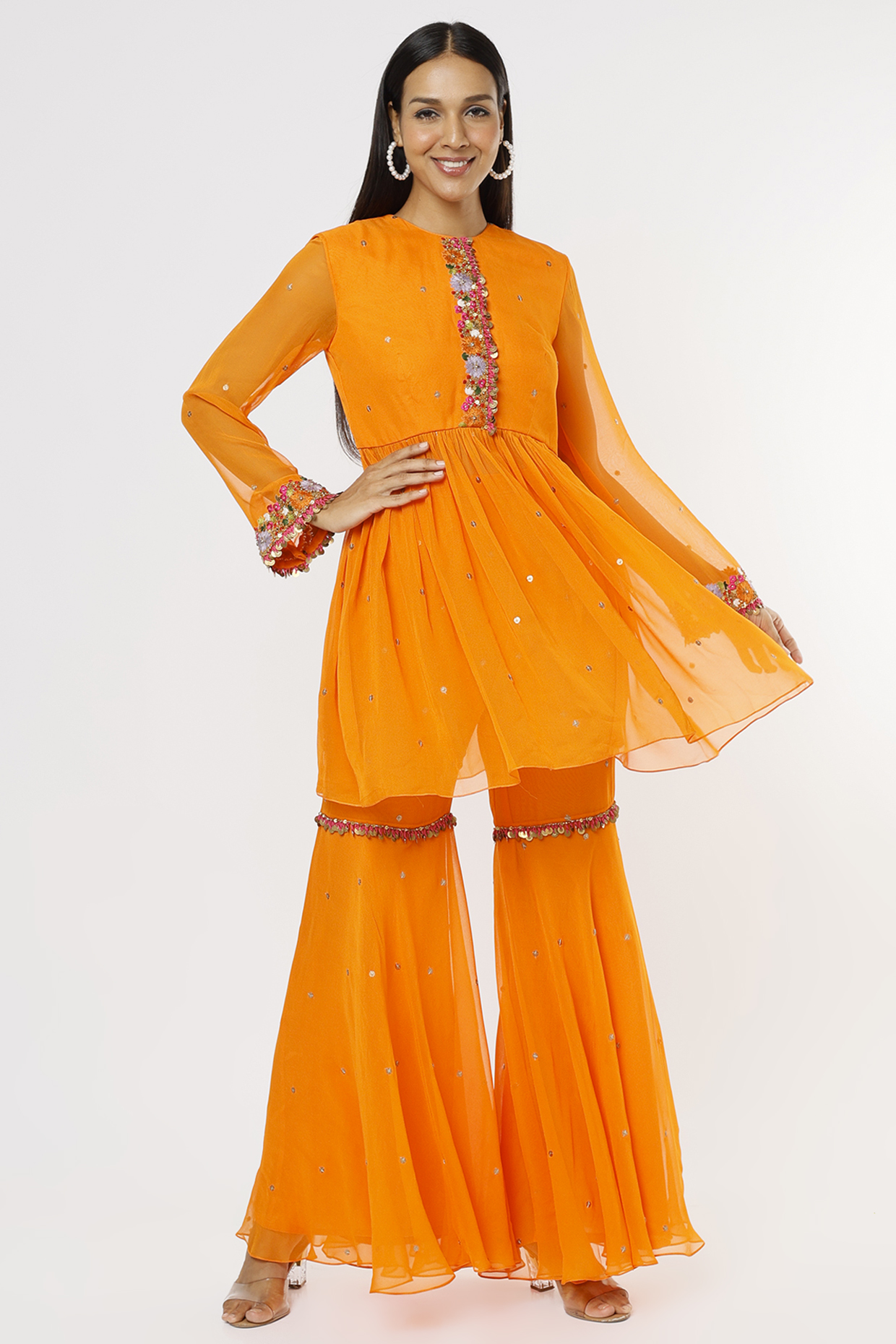 Orange Georgette Gharara Set by Taavare at Pernia's Pop Up Shop