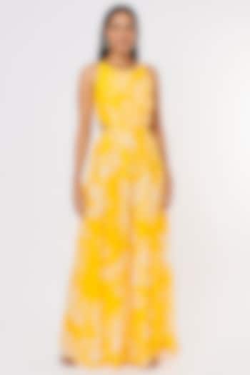 Yellow Crepe Printed Jumpsuit by Taavare