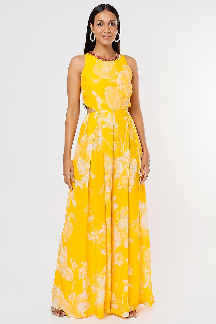 Yellow Crepe Printed Jumpsuit by Taavare