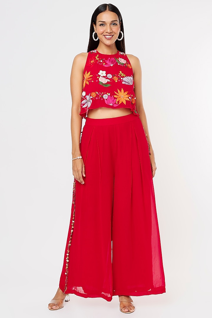 Red Georgette Embellished Pant Set by Taavare