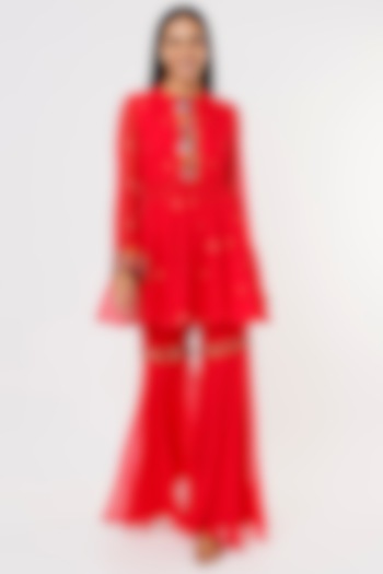 Bright Red Chiffon Gharara Set by Taavare at Pernia's Pop Up Shop