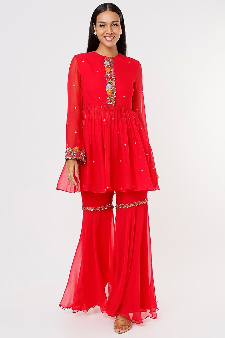 Bright Red Chiffon Gharara Set by Taavare at Pernia's Pop Up Shop