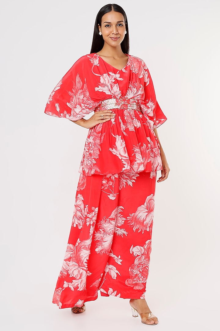 Bright Red Printed Kaftan Set by Taavare