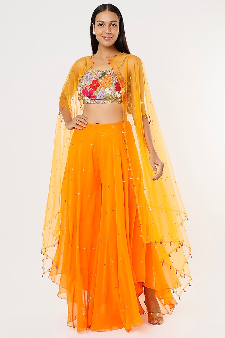Orange Georgette Pant Set With Cape by Taavare