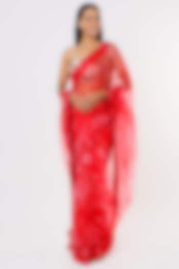 Bright Red Printed Wedding Saree Set by Taavare at Pernia's Pop Up Shop