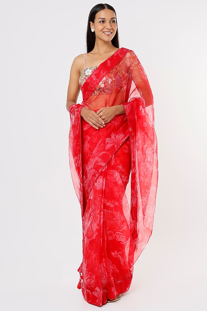 Bright Red Printed Wedding Saree Set by Taavare at Pernia's Pop Up Shop