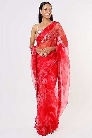 Bright Red Printed Saree Set by Taavare