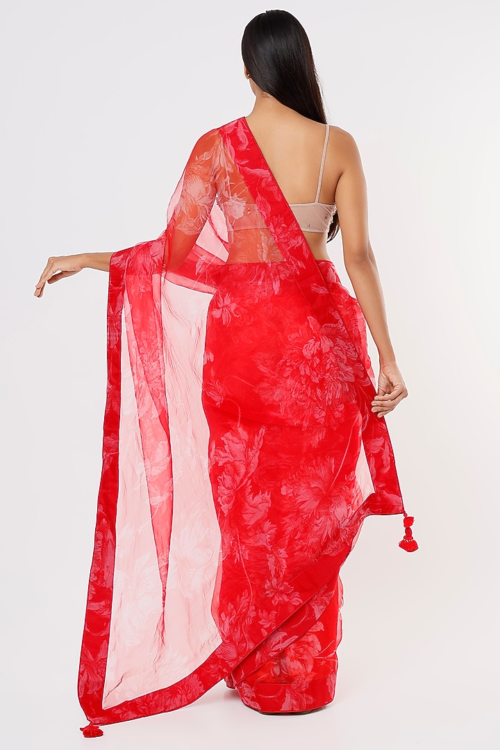 Bright Red Printed Wedding Saree Set by Taavare at Pernia's Pop Up Shop