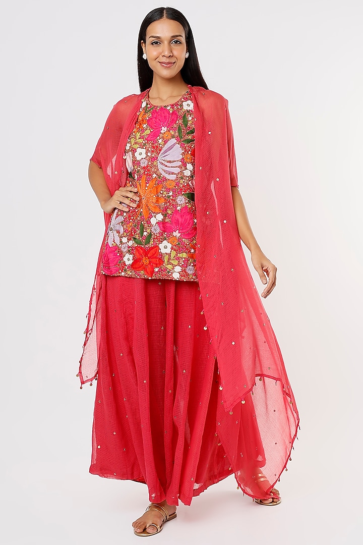 Bright Red Kota Sharara Set With Cape by Taavare