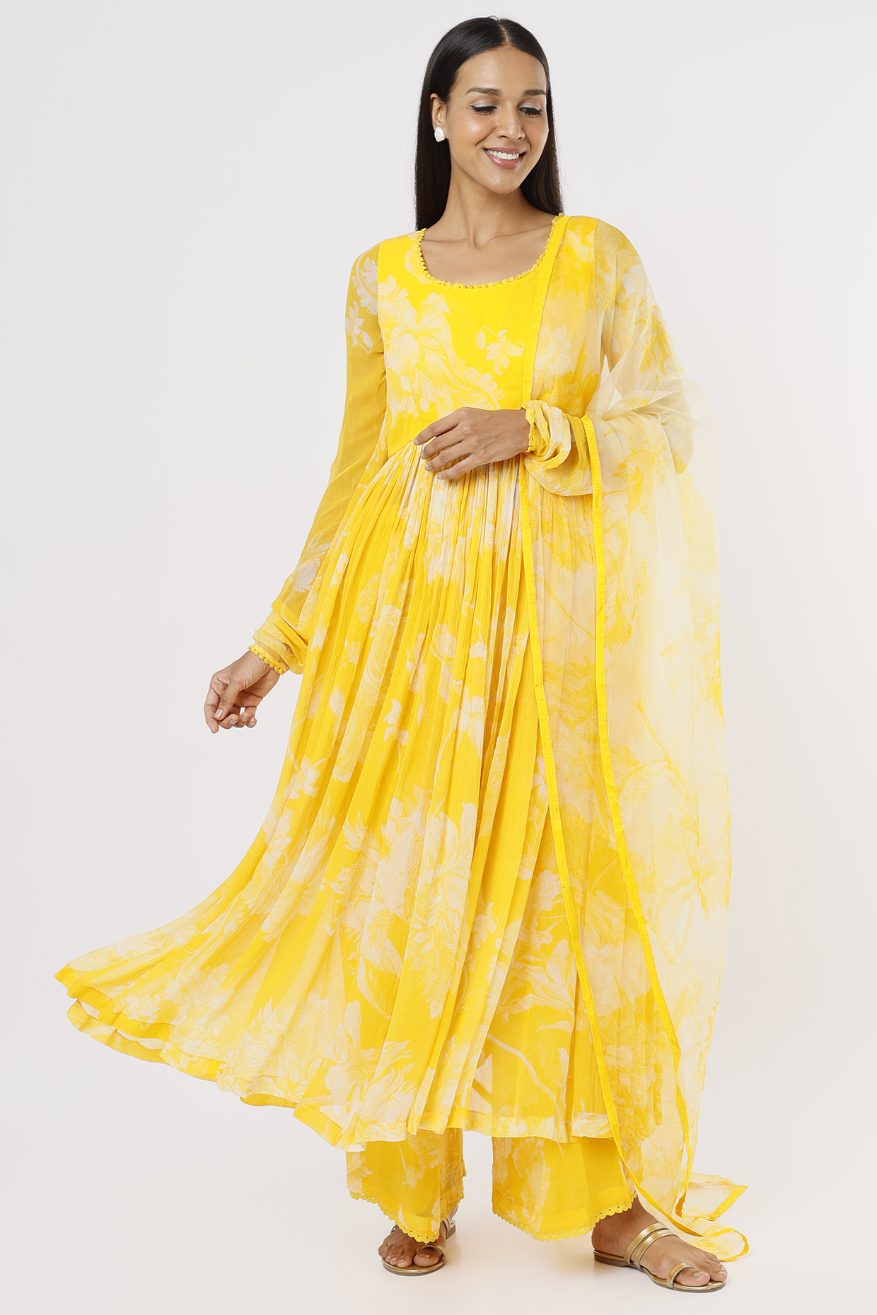 Bright Yellow Printed Wedding Anarkali Set by Taavare at Pernia's Pop Up Shop