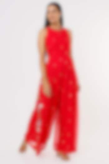 Bright Red Embroidered Jumpsuit by Taavare