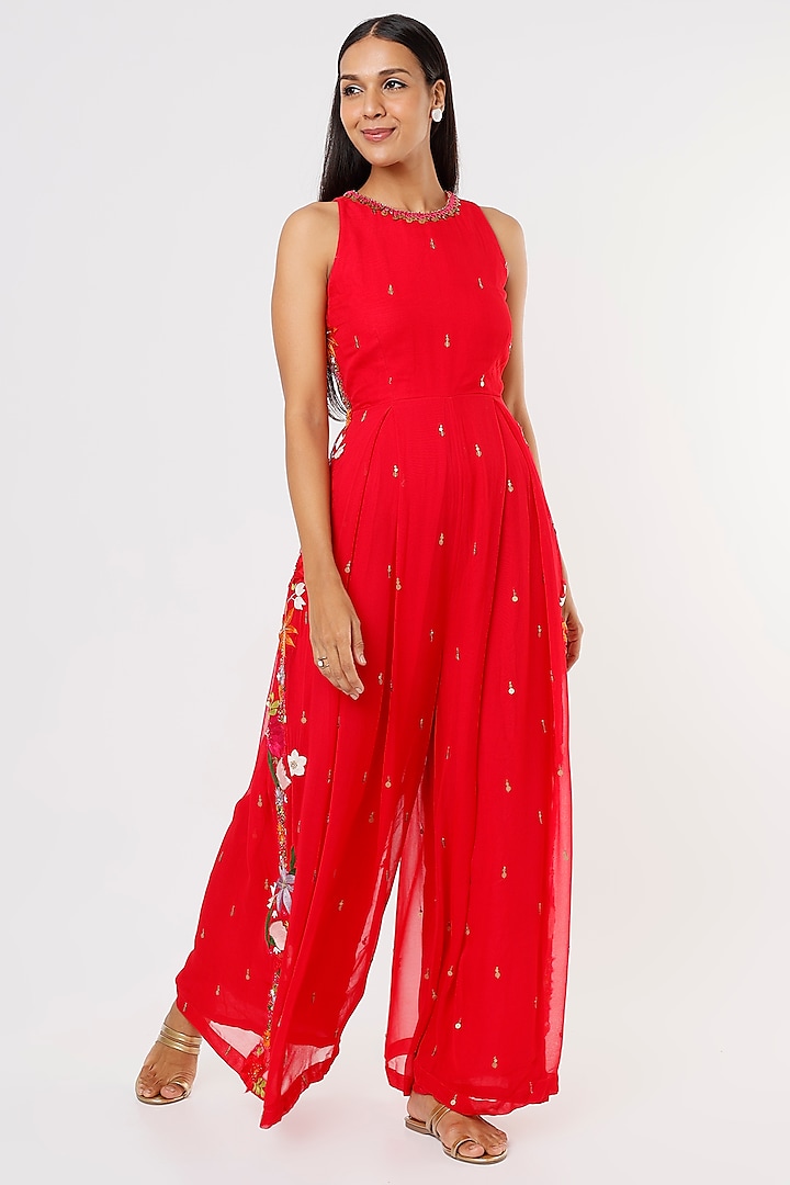 Bright Red Embroidered Jumpsuit by Taavare