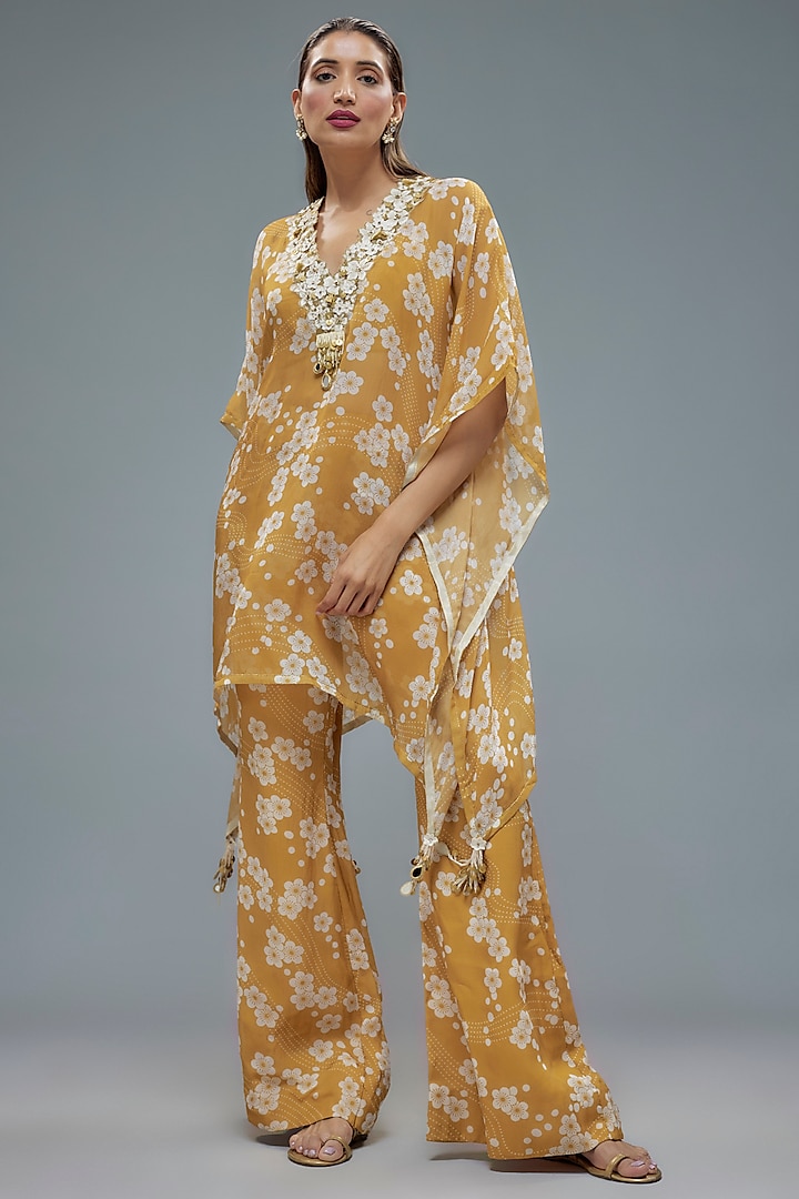 Gold Viscose Organza Aari hand Embroidered & Floral Printed Kaftan Set by Taavare at Pernia's Pop Up Shop