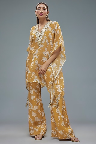 Gold Viscose Organza Aari hand Embroidered & Floral Printed Kaftan Set by Taavare