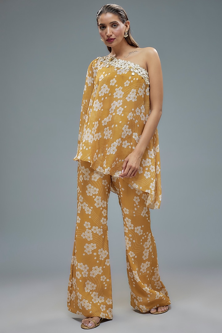 Gold Viscose Organza Floral Printed One-Shoulder Kaftan Set by Taavare at Pernia's Pop Up Shop