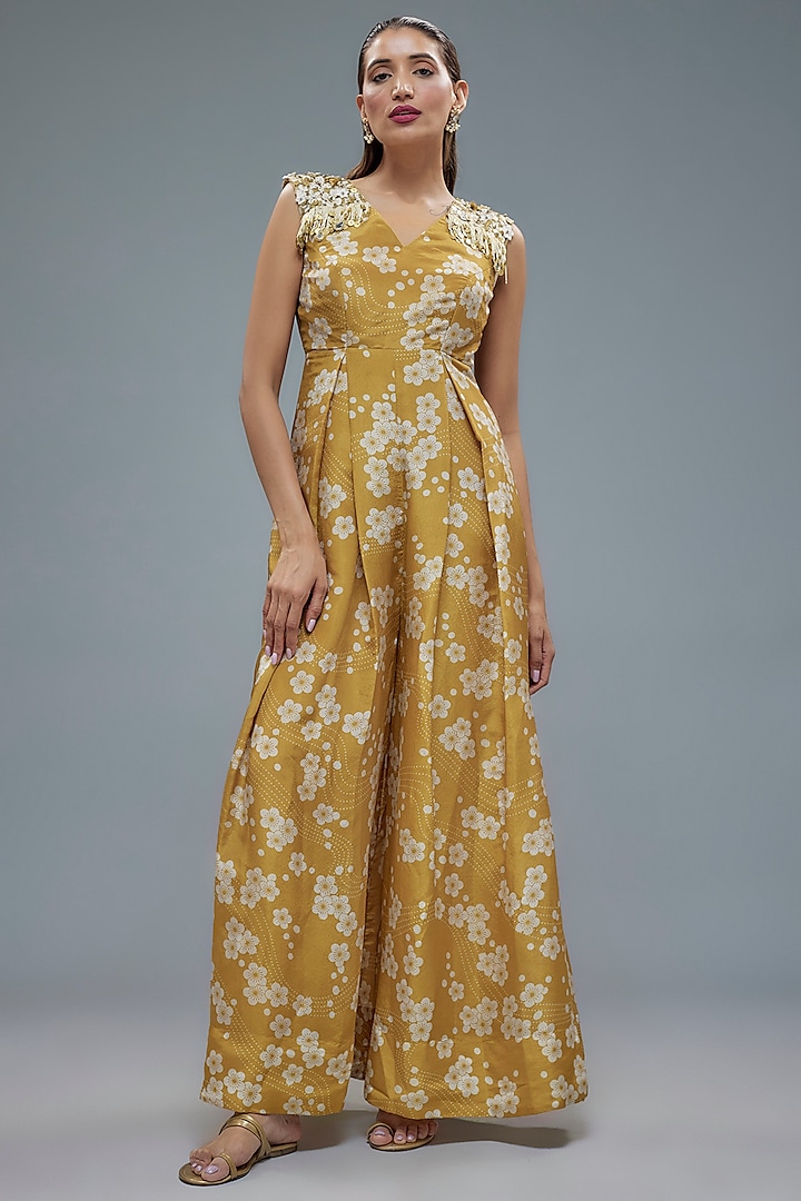 Gold Tissue Organza Floral Printed & Aari Hand Embroidered Jumpsuit by Taavare at Pernia's Pop Up Shop