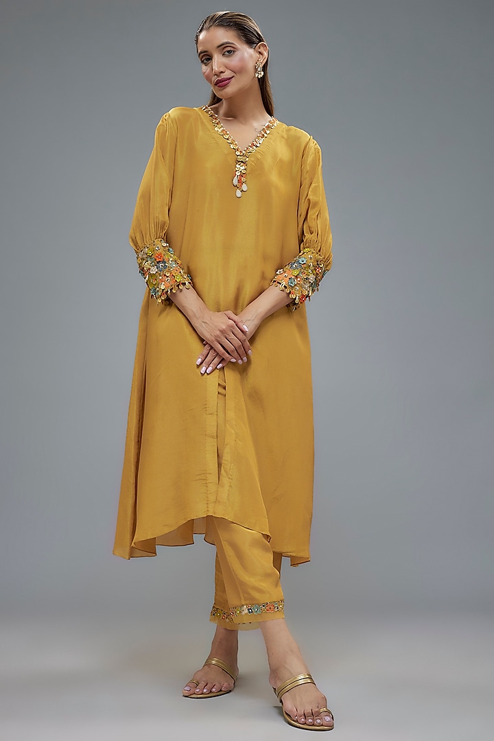 Gold Tissue Organza Aari hand Embroidered A-line Kurta Set by Taavare at Pernia's Pop Up Shop