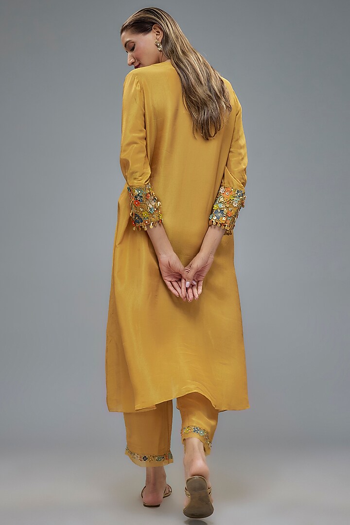 Gold Tissue Organza Aari hand Embroidered A-line Kurta Set by Taavare at Pernia's Pop Up Shop