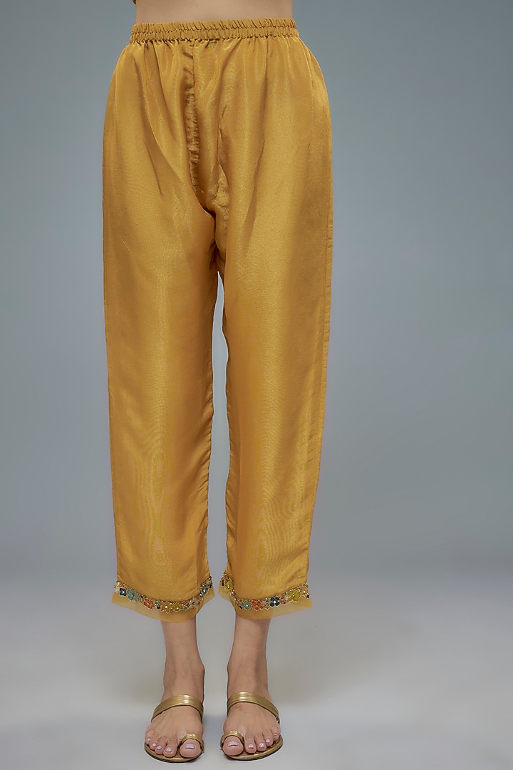 Gold Tissue Organza Aari hand Embroidered A-line Kurta Set by Taavare at Pernia's Pop Up Shop