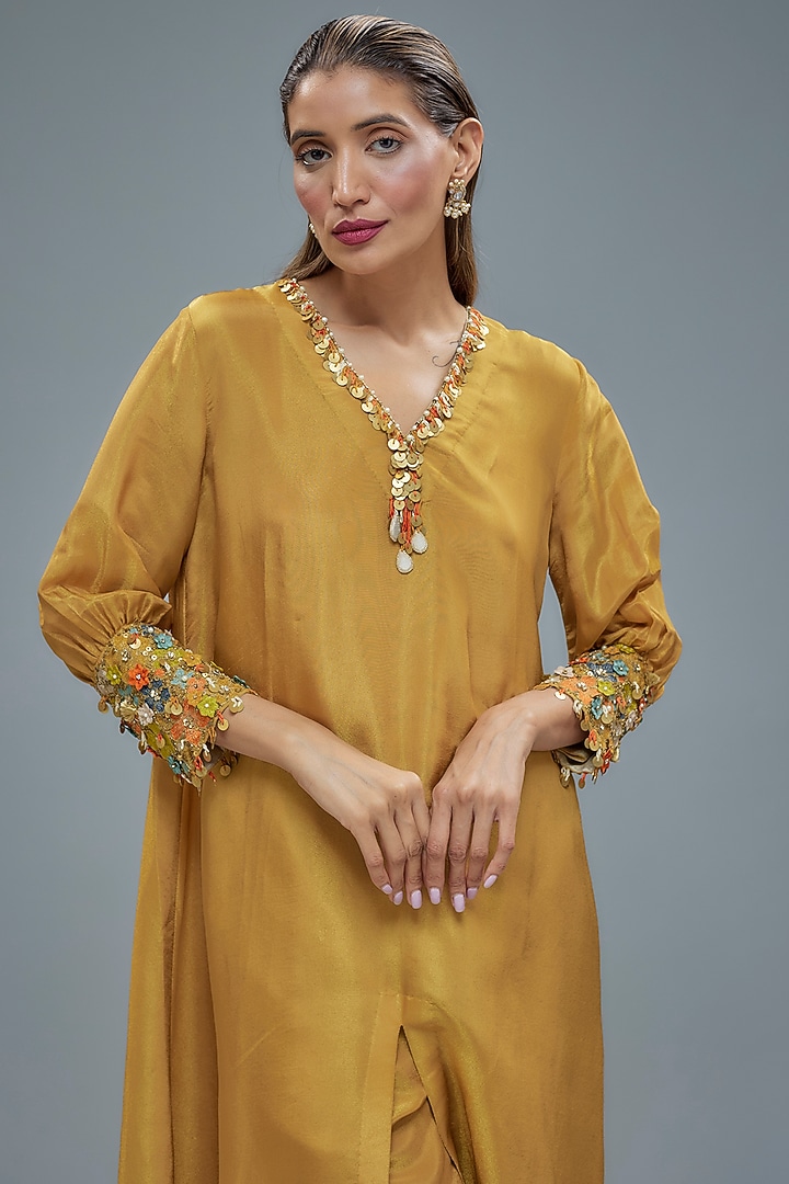 Gold Tissue Organza Aari hand Embroidered A-line Kurta Set by Taavare at Pernia's Pop Up Shop