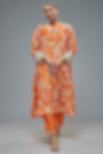 Orange Tissue Organza Aari hand Embroidered & Floral Printed A-line Kurta Set by Taavare at Pernia's Pop Up Shop