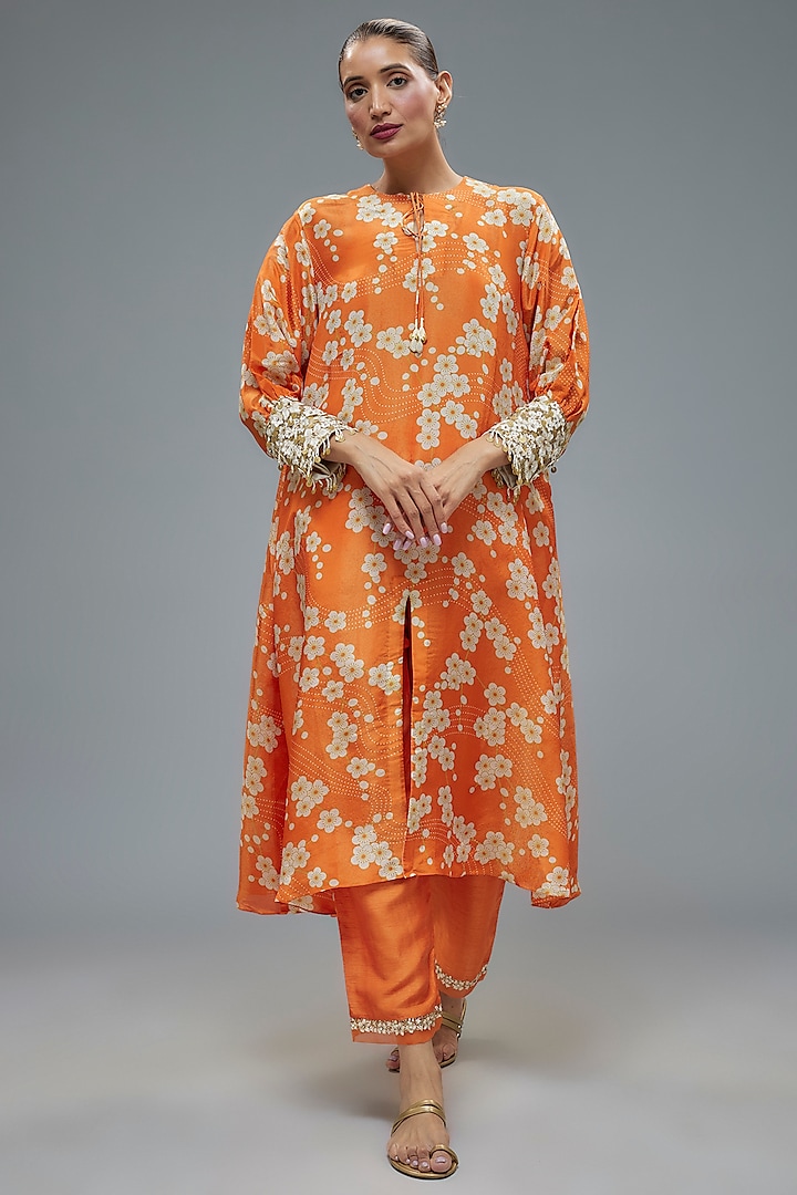 Orange Tissue Organza Aari hand Embroidered & Floral Printed A-line Kurta Set by Taavare at Pernia's Pop Up Shop