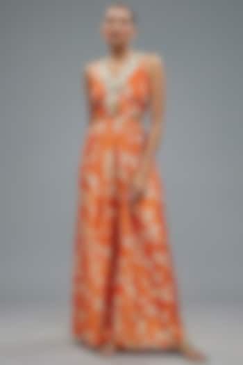 Orange Tissue Organza Floral Printed & Aari Hand Embroidered Jumpsuit by Taavare at Pernia's Pop Up Shop