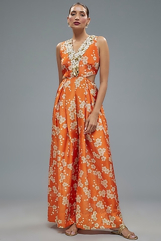 Orange Tissue Organza Floral Printed & Aari Hand Embroidered Jumpsuit by Taavare