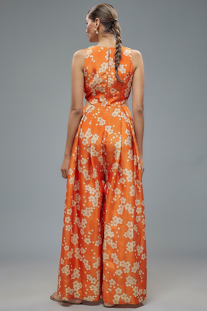 Orange Tissue Organza Floral Printed & Aari Hand Embroidered Jumpsuit by Taavare at Pernia's Pop Up Shop