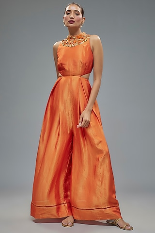 Orange Tissue Organza Aari Hand Embroidered Jumpsuit by Taavare