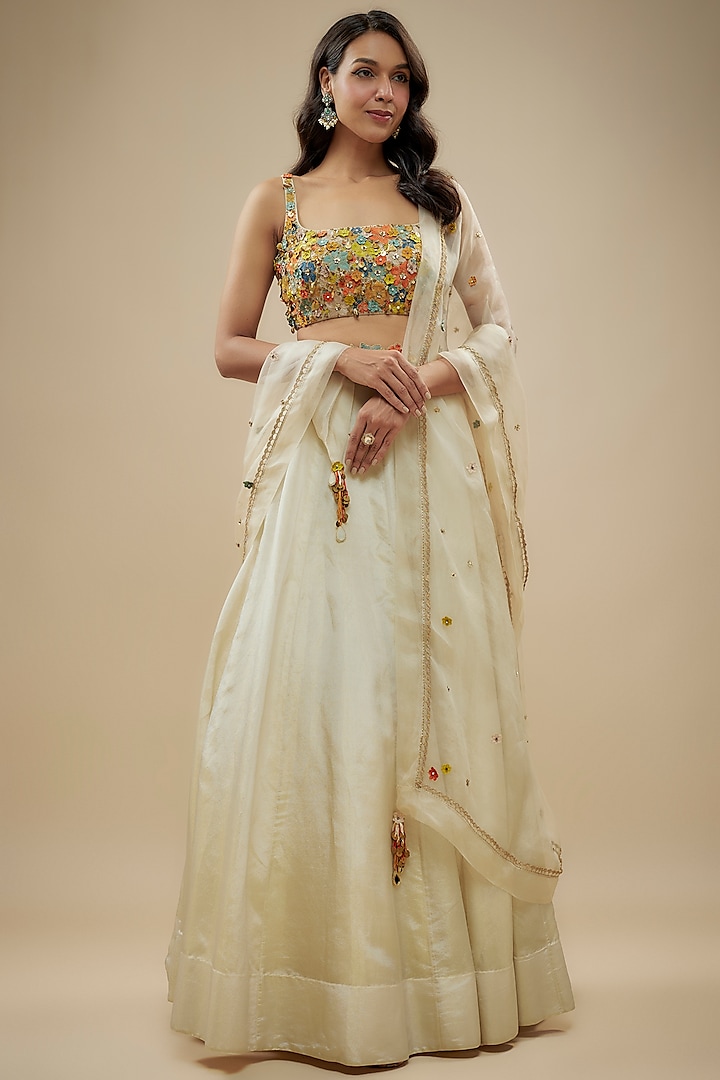 Ivory Tissue Organza Aari Hand Embroidered Wedding Lehenga Set by Taavare at Pernia's Pop Up Shop