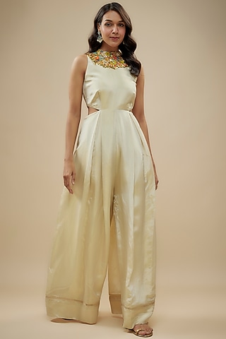 Ivory Tissue Organza Aari Hand Embroidered Cut-Out Jumpsuit by Taavare
