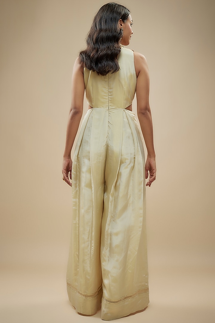 Ivory Tissue Organza Aari Hand Embroidered Cut-Out Jumpsuit by Taavare at Pernia's Pop Up Shop