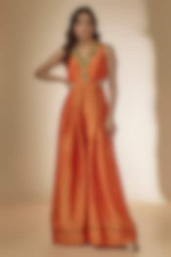 Orange Tissue Organza Aari Hand Embroidered Jumpsuit by Taavare at Pernia's Pop Up Shop