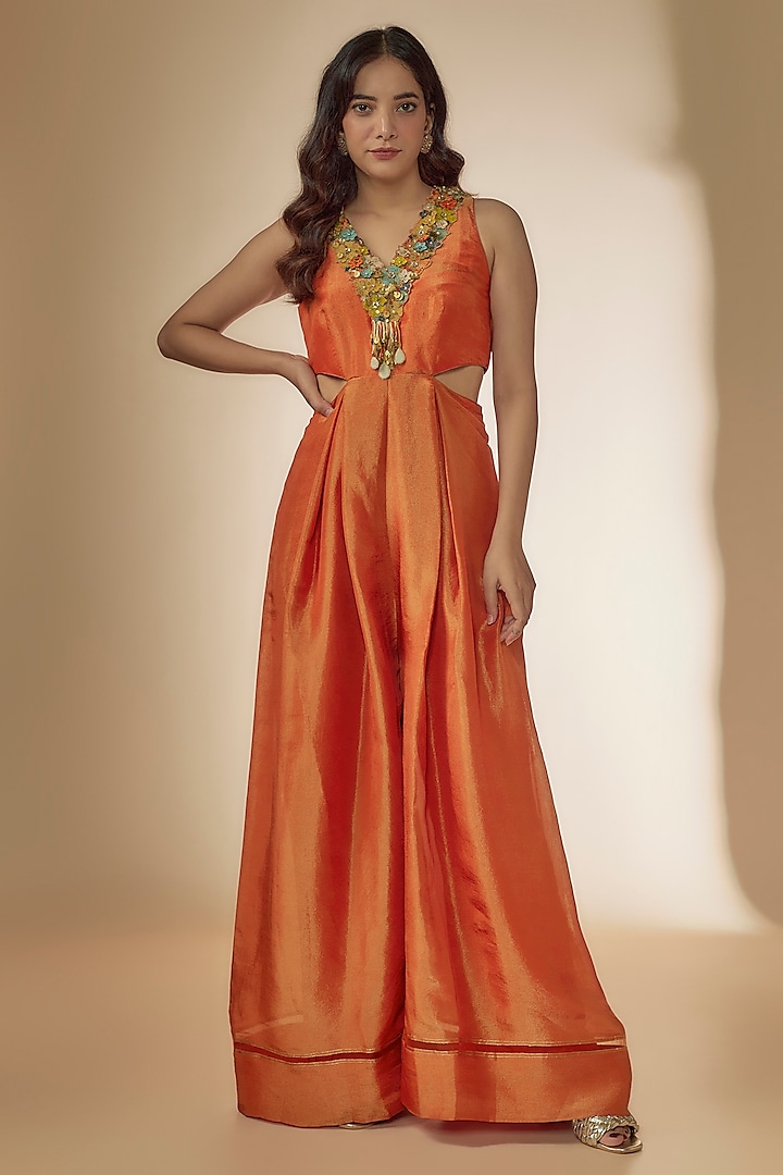 Orange Tissue Organza Aari Hand Embroidered Jumpsuit by Taavare at Pernia's Pop Up Shop