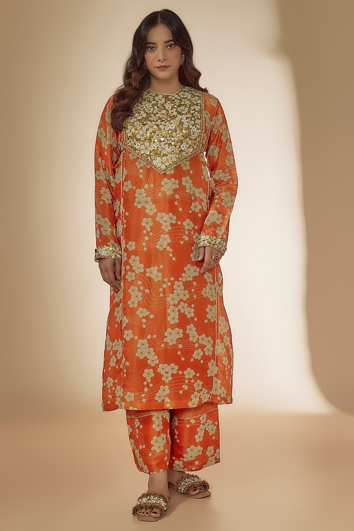 Orange Tissue Organza Printed & Embroidered Kurta Set by Taavare at Pernia's Pop Up Shop