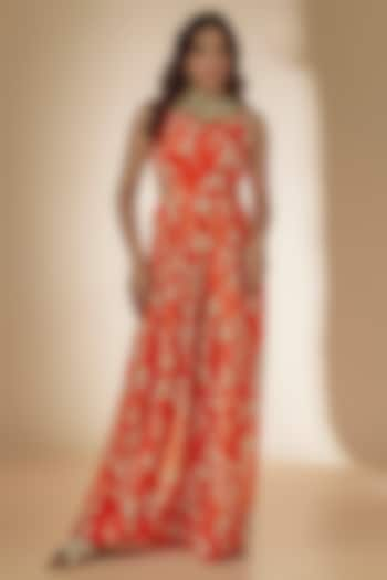 Orange Viscose Organza Printed & Embroidered Jumpsuit by Taavare at Pernia's Pop Up Shop