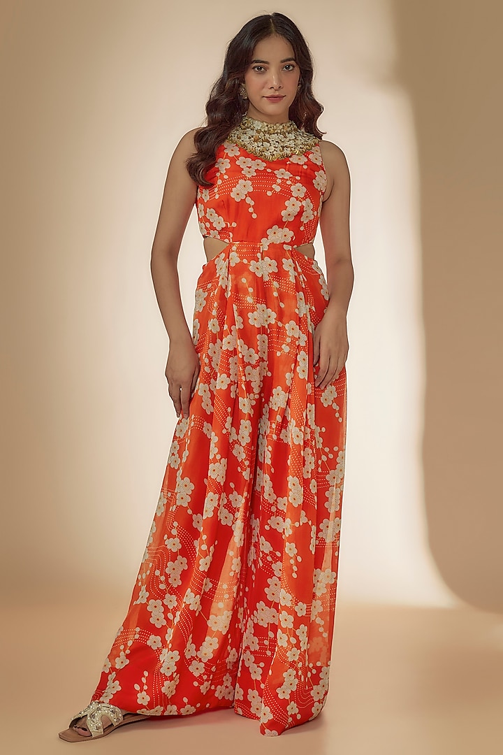 Orange Viscose Organza Printed & Embroidered Jumpsuit by Taavare at Pernia's Pop Up Shop