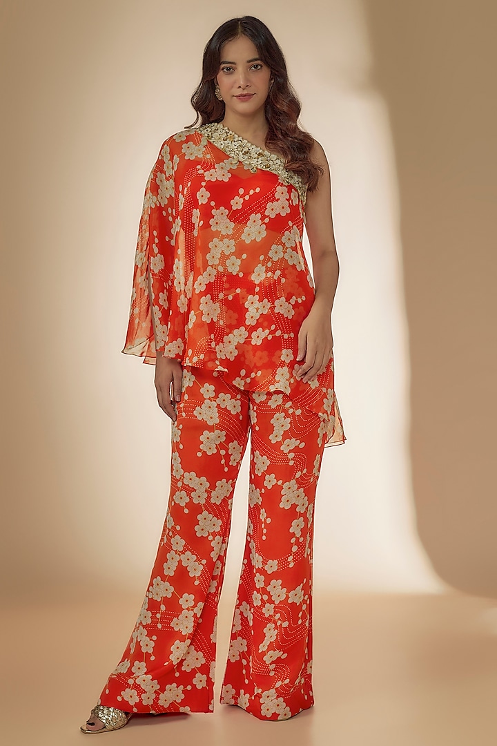 Orange Viscose Organza Printed & Embroidered One-Shoulder Kaftan Set by Taavare at Pernia's Pop Up Shop