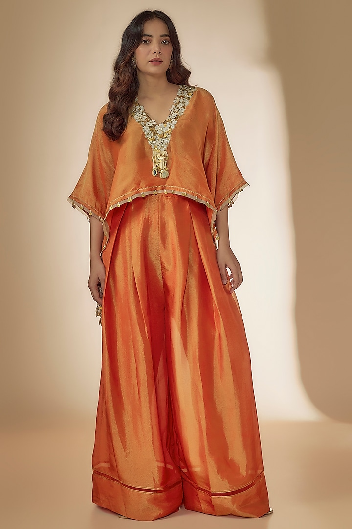 Orange Tissue Organza Aari Hand Embroidered Short Kaftan Set by Taavare at Pernia's Pop Up Shop